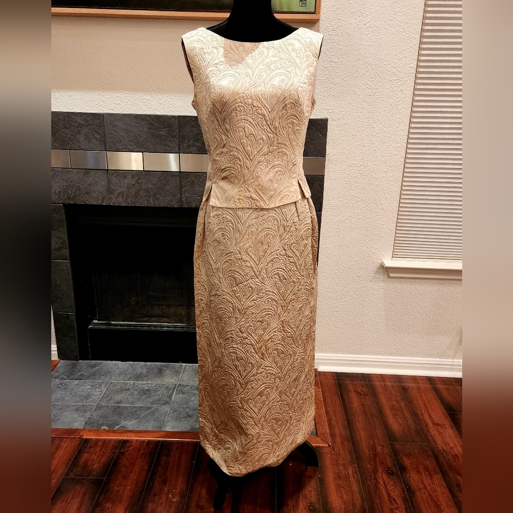 VINTAGE 60s Jackie Gold Brocade Long Gown Mod MCM RARE